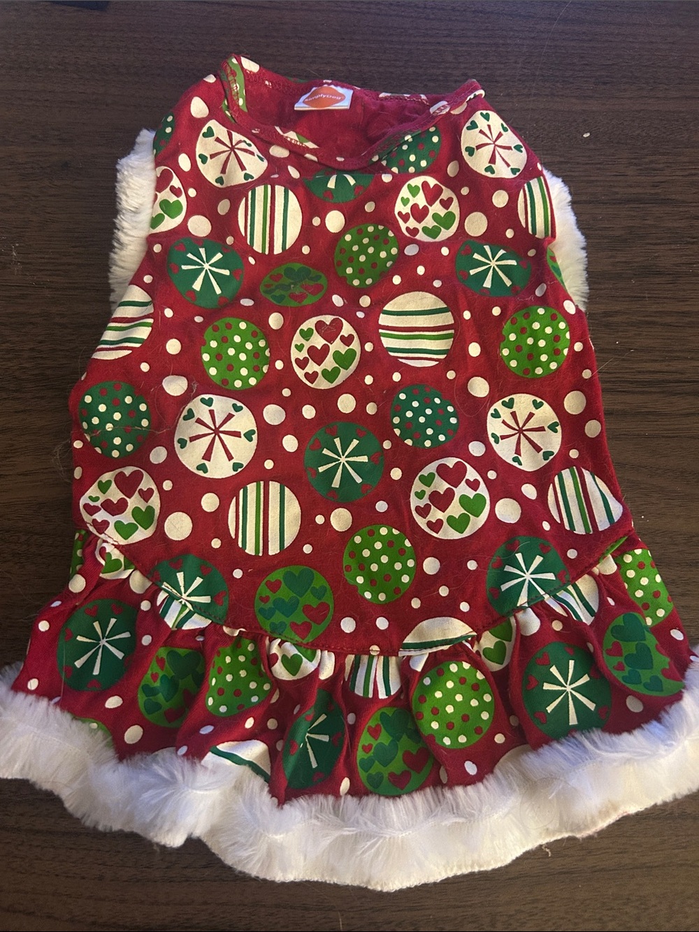 Holiday Ornament Print Dog Dress with Faux-Fur Trim